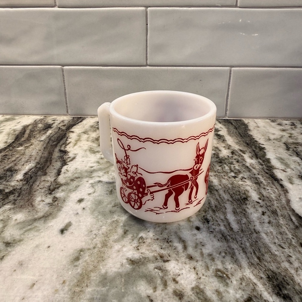 Vintage Hazel Atlas White Milk Glass Red Donkey Pattern Coffee Mug 3”